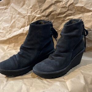 Fly London Black Suede Wedge Boots Unique back ankle tie SZ 10/41